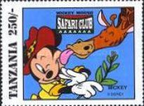A giraffe licking Mickey Mouse