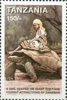 Girl on giant tortoise