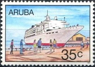 Ship at pier, tourists walking toward ship