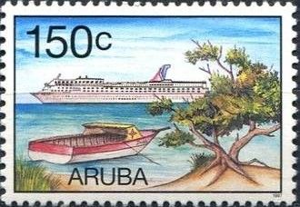 Ship out to sea, small boat