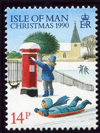 Boy on toboggan, girl posting a letter (value in black)