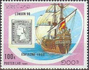 Spain 1850 6c. stamp and Spanish galleon