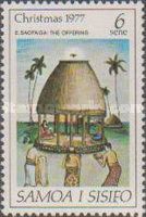 People bringing gifts to Holy Family in Samoan hut