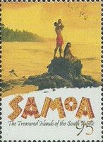 Conch Blower and Woman on Rocky Coast