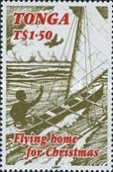 Tongan In Sailing Canoe Waving At Jetliner
