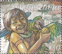 Native child feeding a parrot