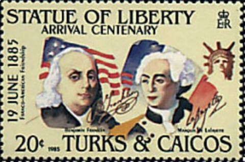 Flags of US, France, Franklin, Lafayette