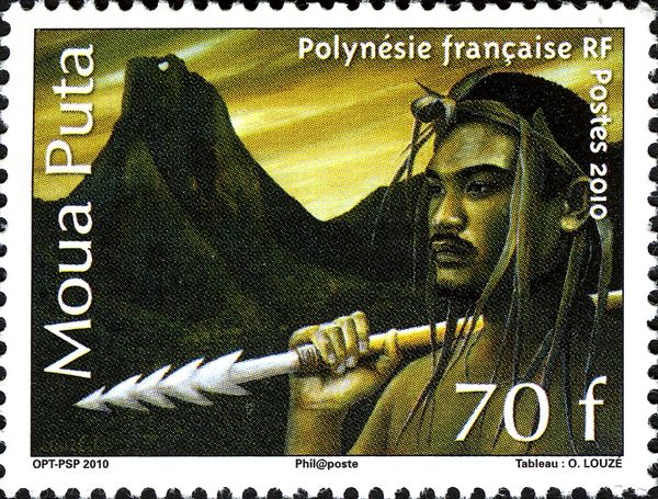 Pai warrior with spear Moorea before Moua Puta island