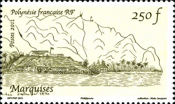 View from Taiohae on Nuku Hiva, drawing from 1840
