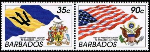 Barbados' and US' flags and arms