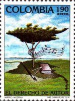 Map of Colombia as a tree, marks, brush, circle book