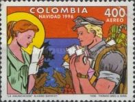 Woman reading letter, mailman holding bundle of mail