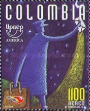 Postman raising envelope to night sky