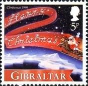 Red Ribbon Bearing Words "Happy Christmas", Santa in Sleigh