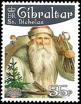 St. Nicholas (in white) carrying a Sack and Small Christmas