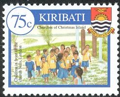Children in front of church bell