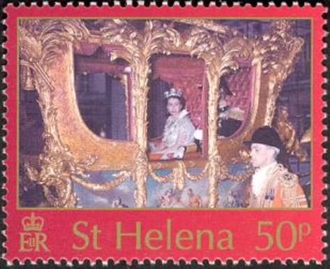 Queen and Duke of Edinburgh in Coronation Coach (red)