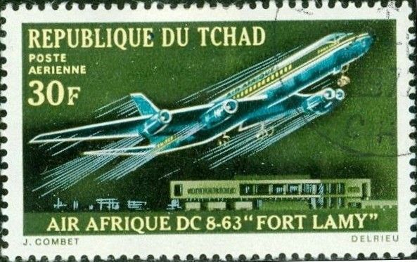African Airlines DC-8 over Fort Lamy airport