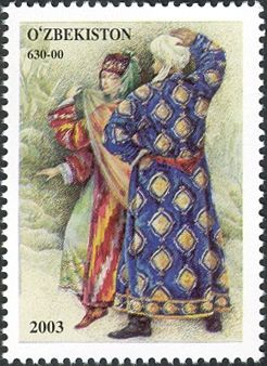 Woman and Man in Uzbek Traditional Costumes