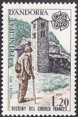 French postman in front of St. Joan de Caselles