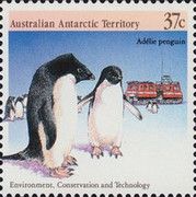 Adelie Penguins (Pygoscelis adeliae) and Tracked Vehicle