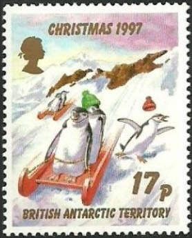 Christmas 1997: Chinstrap Penguins on sleds