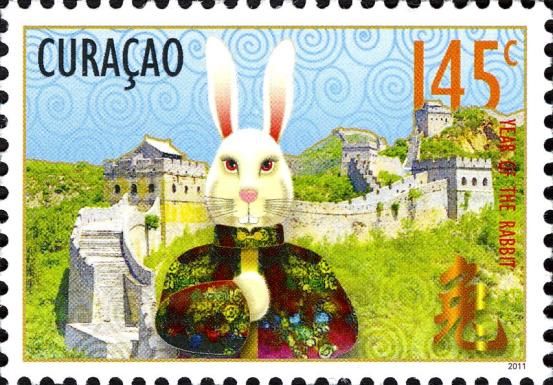 Rabbit in Chinese costume with the Great Wall