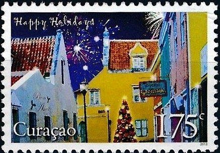 Shop, other buildings, street lights, Christmas tree