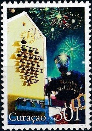 Clock tower with bells, street light